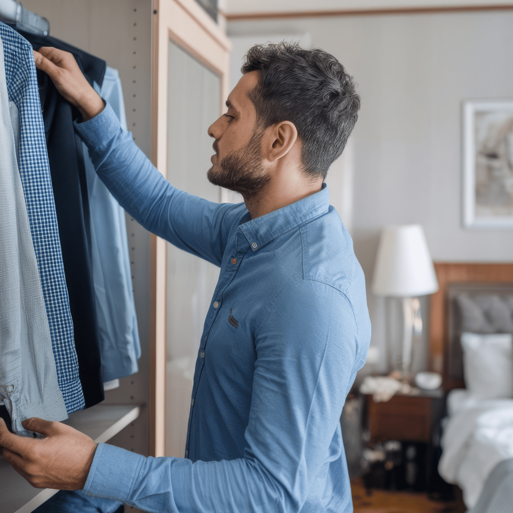 Homem escolhendo camisas em um guarda-roupa organizado dentro de um quarto.